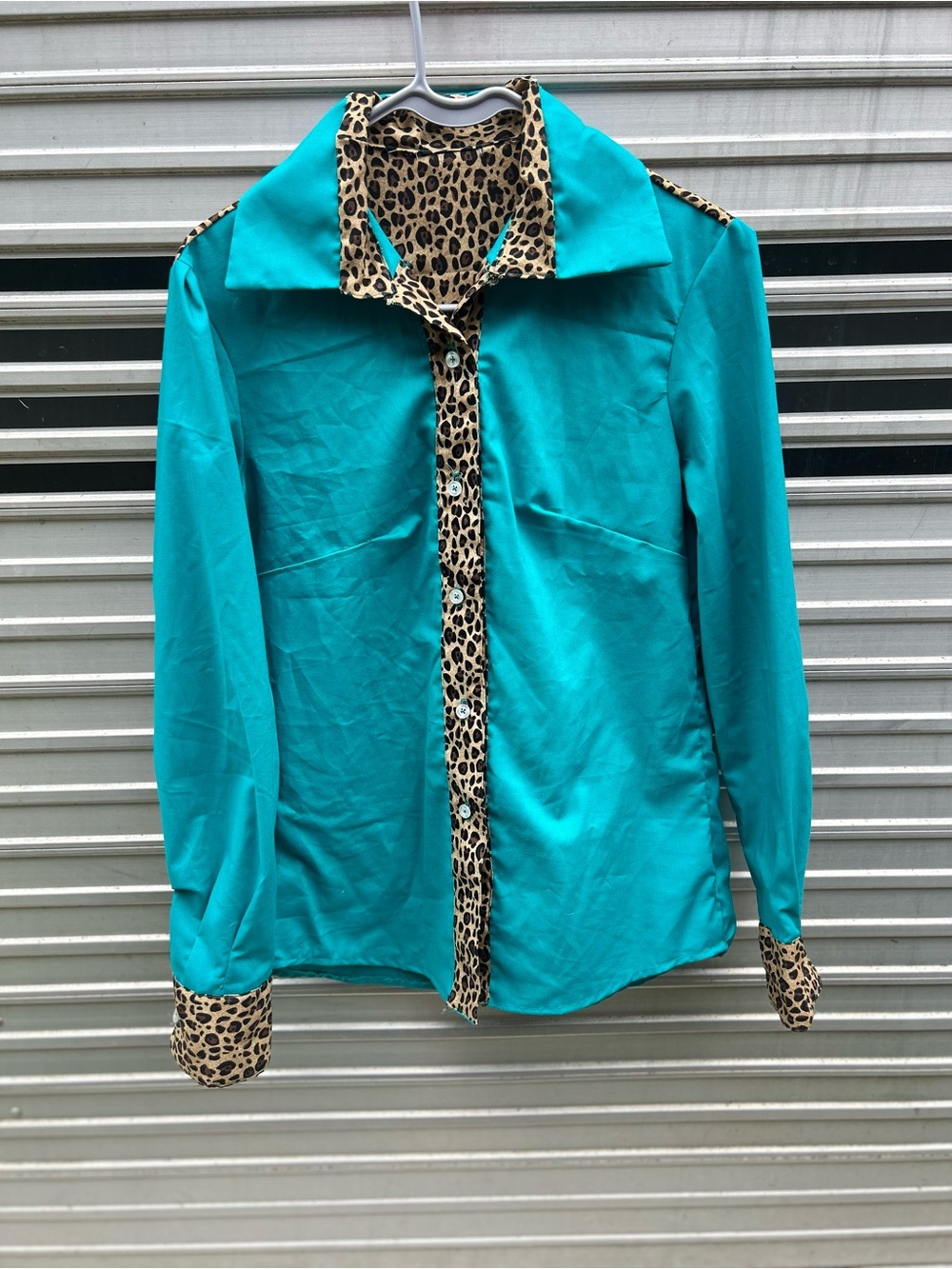 Teal Button-Up Shirt with Leopard Trim